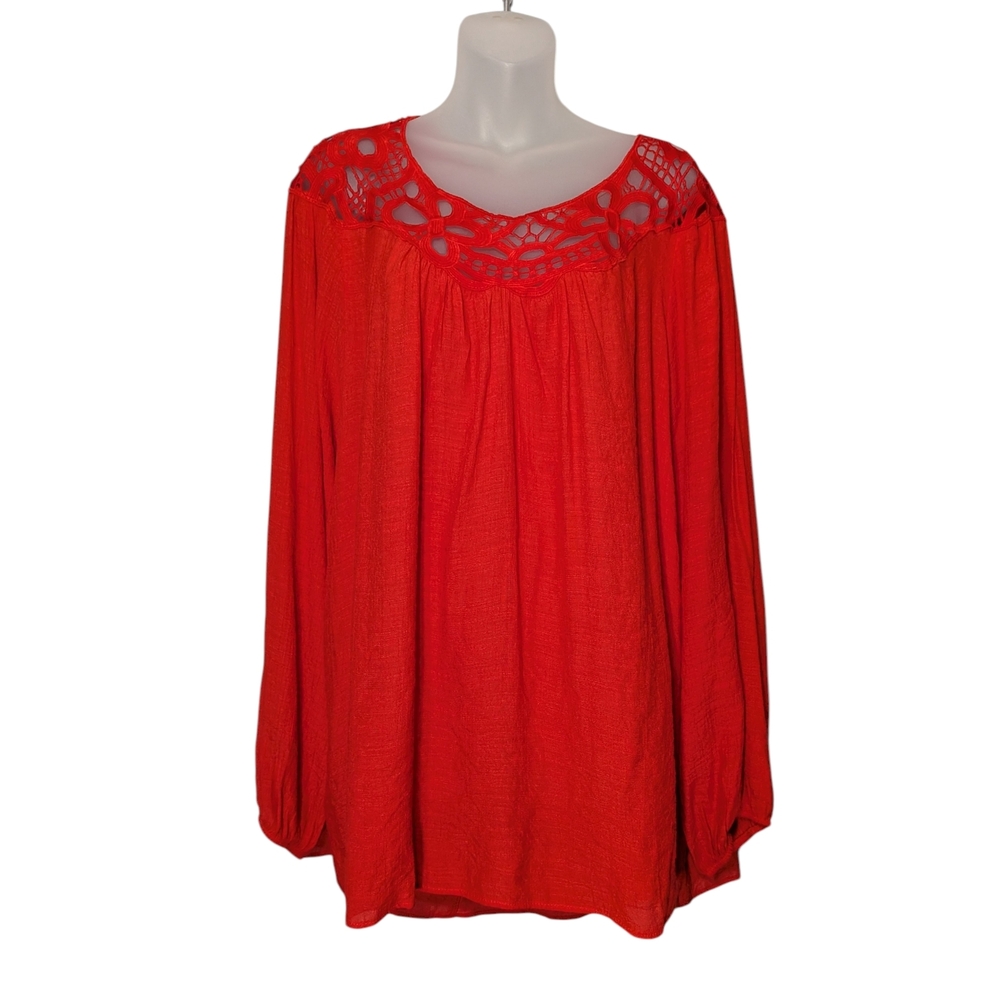 Lane Bryant 22/24W 3XL Vibrant Orange Red Tunic Flowy Top Mesh Lace Accents Boho